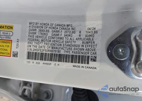 2024 Honda Civic Sport z USA, uszkodzony, nr VIN 2HGFE2F50RH575185